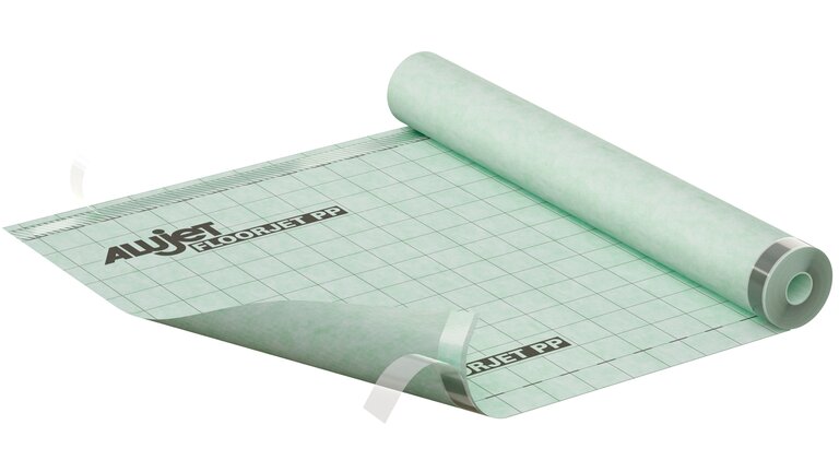 Grünliche Bodenfolie in Rollenform mit Raster und Aufdruck.